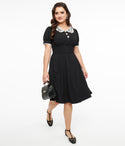 Fit-and-Flare Puff Sleeves Sleeves Fitted Back Zipper Button Front Short Collared Lace Trim Dress With Pearls