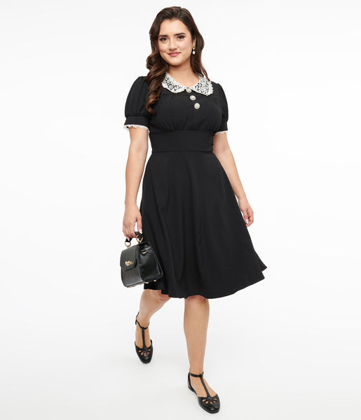 Short Fit-and-Flare Back Zipper Fitted Button Front Puff Sleeves Sleeves Lace Trim Collared Dress With Pearls