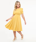 Vintage Button Closure Pocketed Fitted Side Zipper Short Sleeves Sleeves Scoop Neck Fit-and-Flare Dress