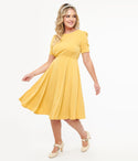 Pocketed Button Closure Vintage Fitted Side Zipper Short Sleeves Sleeves Scoop Neck Fit-and-Flare Dress