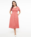 Sophisticated Short Sleeves Sleeves Elasticized Waistline Vintage Button Front Collared Shirt Midi Dress