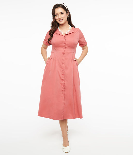 Sophisticated Collared Short Sleeves Sleeves Elasticized Waistline Button Front Vintage Shirt Midi Dress