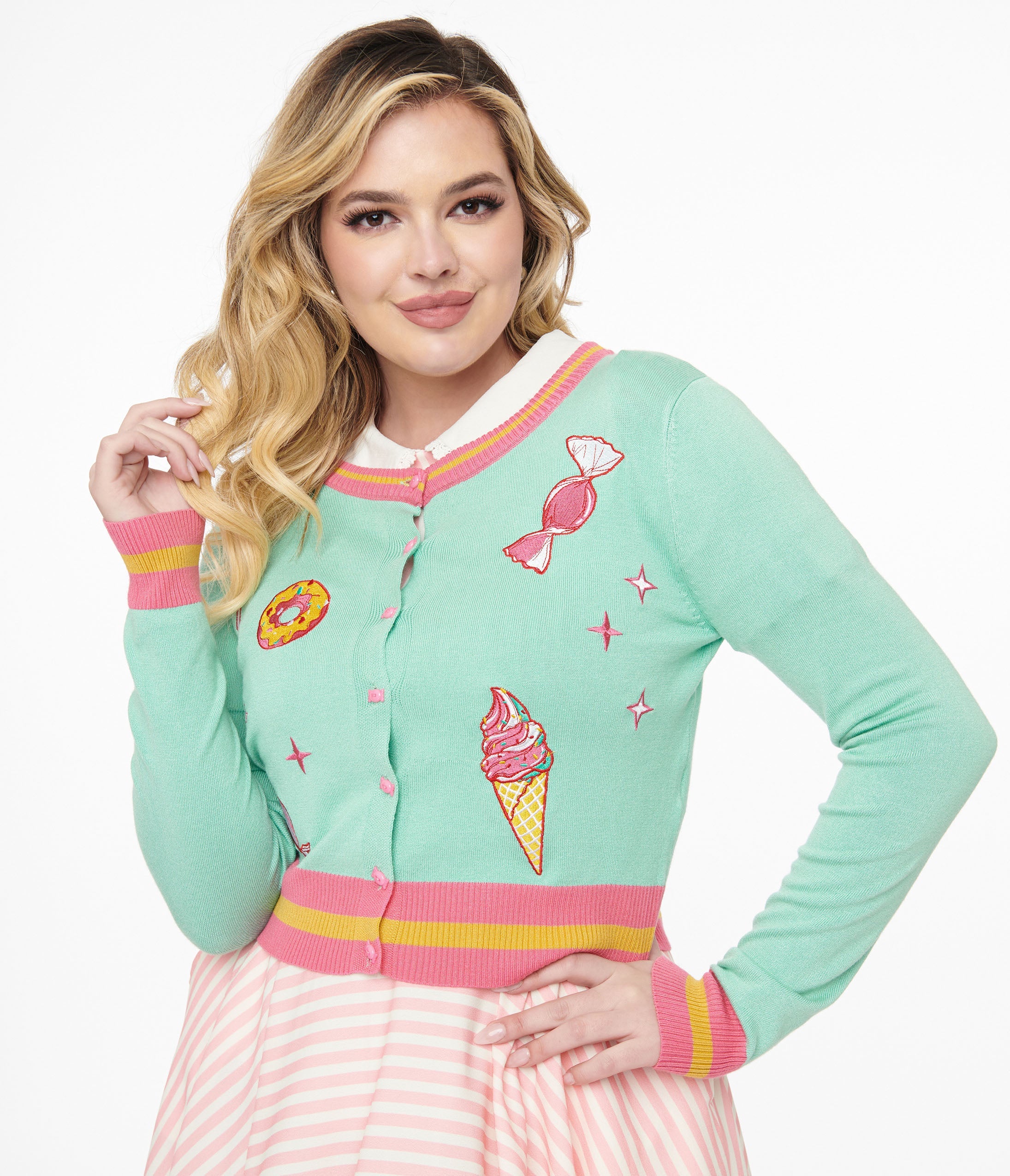 

Voodoo Vixen 1950S Mint Green & Pink Sweet Tooth Patch Embroidered Cardigan
