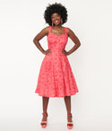 Swing-Skirt General Print Button Front Pocketed Sweetheart Dress With a Bow(s)