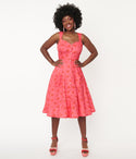 General Print Button Front Pocketed Sweetheart Swing-Skirt Dress With a Bow(s)