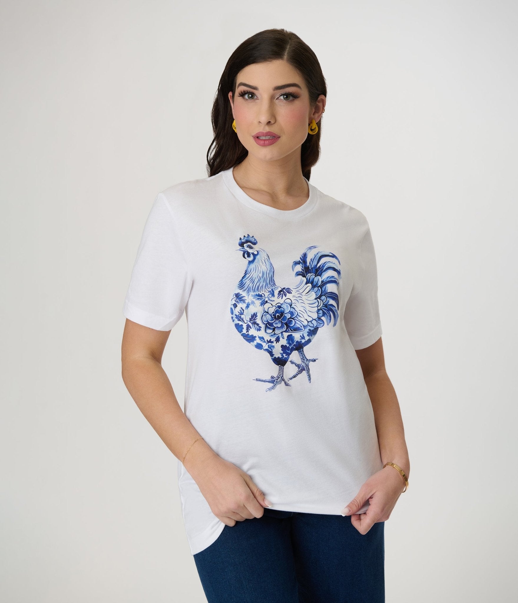 White & Blue Hen Floral Print Graphic Tee(S/4)