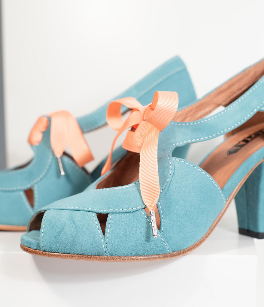 blue suede peep toe heels
