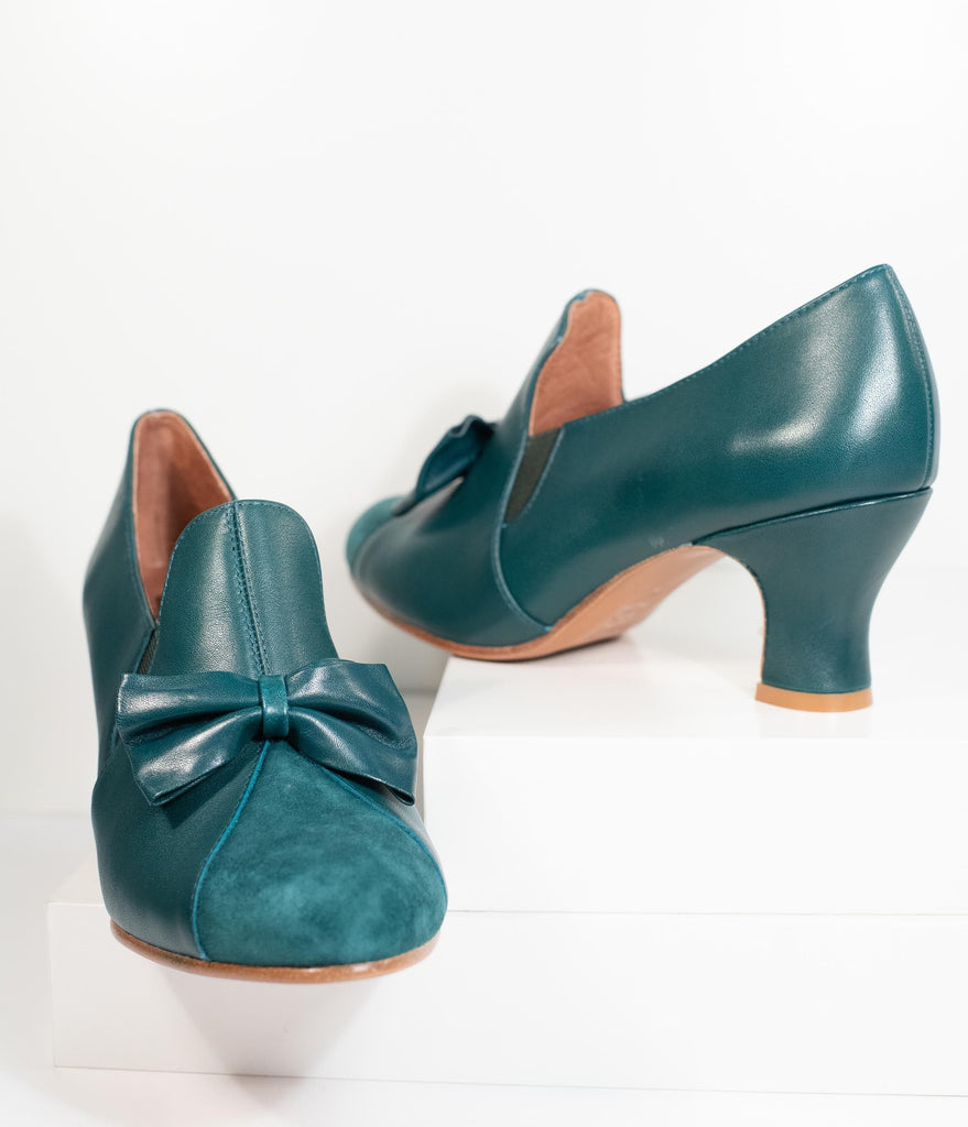 green leather pumps