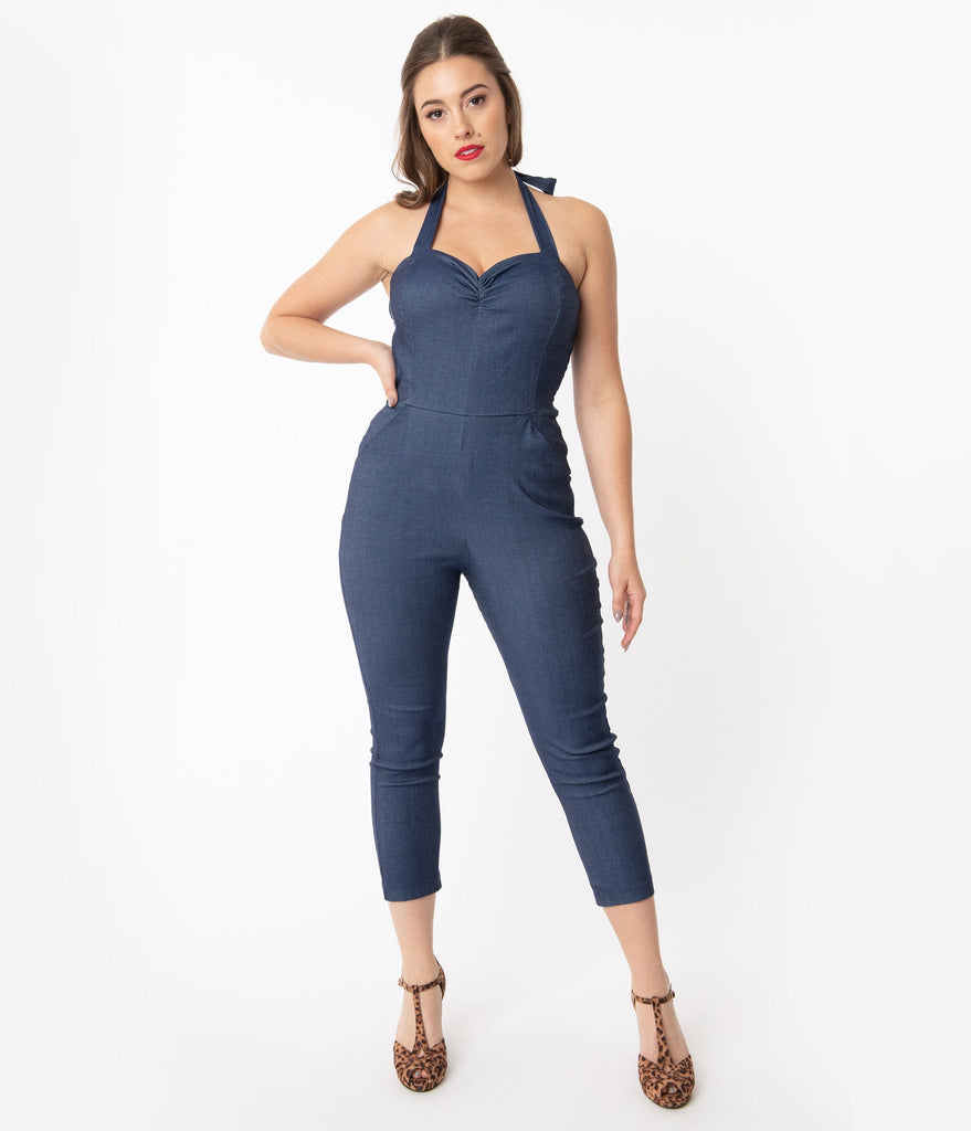 denim halter jumpsuit