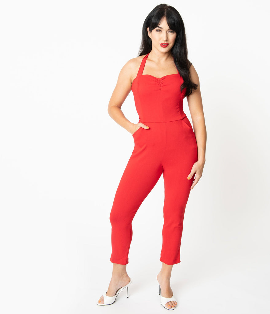 halter red jumpsuit