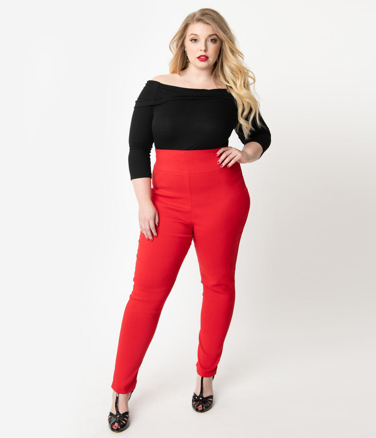 acwashingmachines Plus Size Red High Waist Rizzo Cigarette Pants