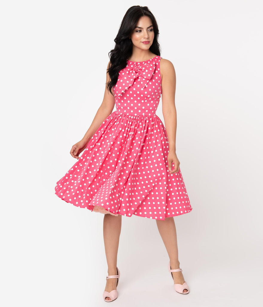 pink dress with white polka dots