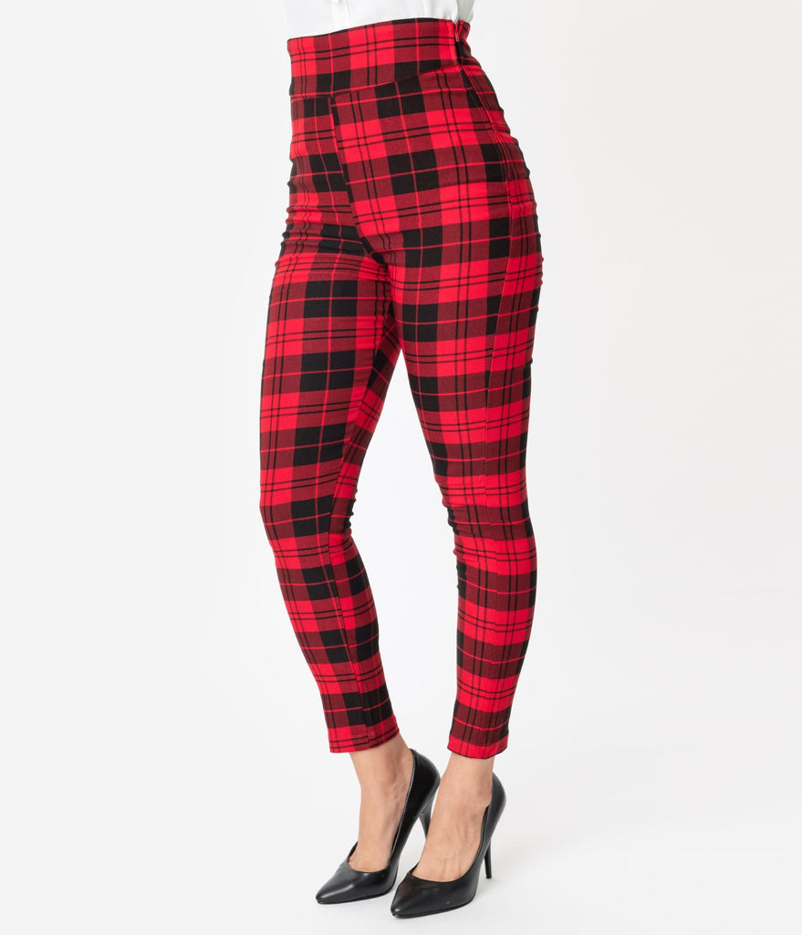 high waisted red plaid pants