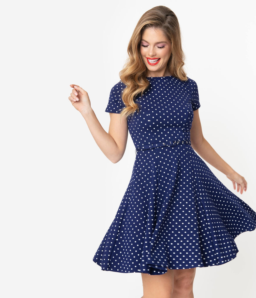 navy dress with white polka dots