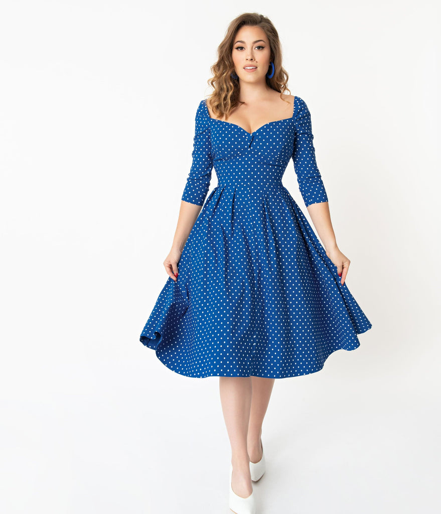 blue polka dot swing dress