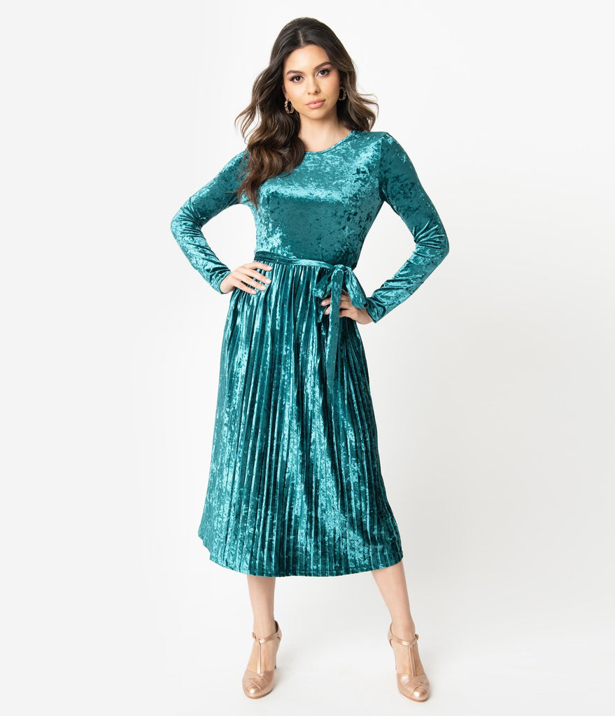 pleated velvet midi dress