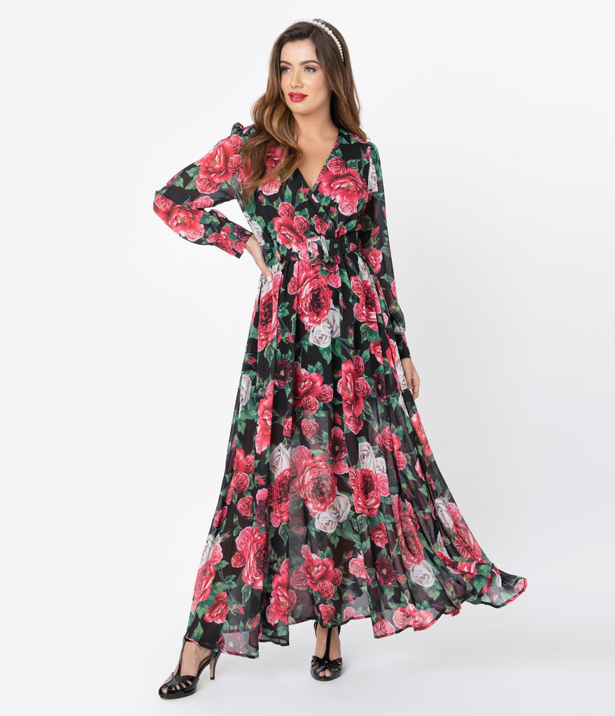 black and pink floral maxi dress