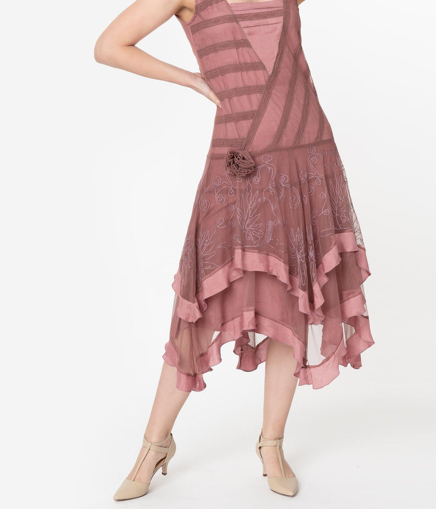 1920s Style Mauve Pink Mesh Embroidered 