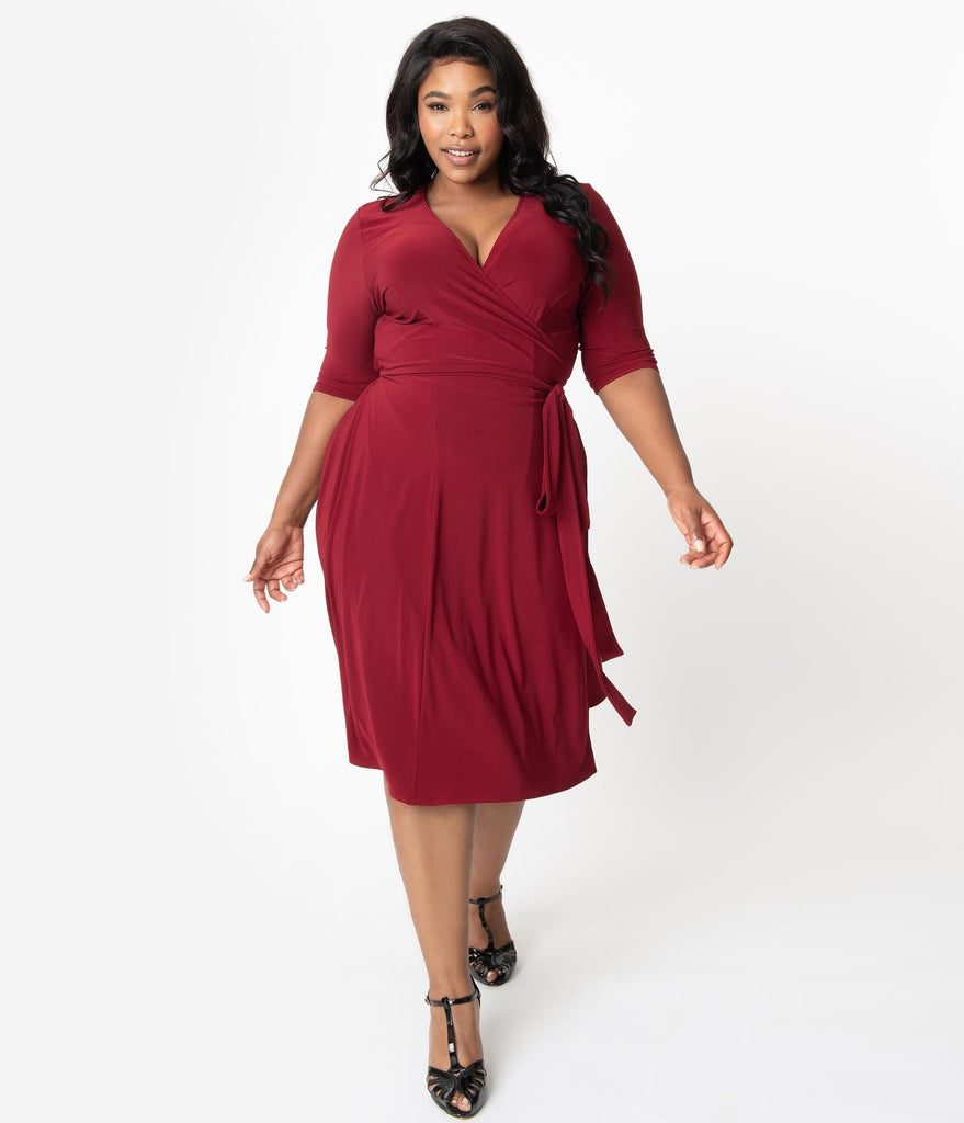 Retro Style Plus Size Burgundy Red Sleeved Essential Wrap Dress ...