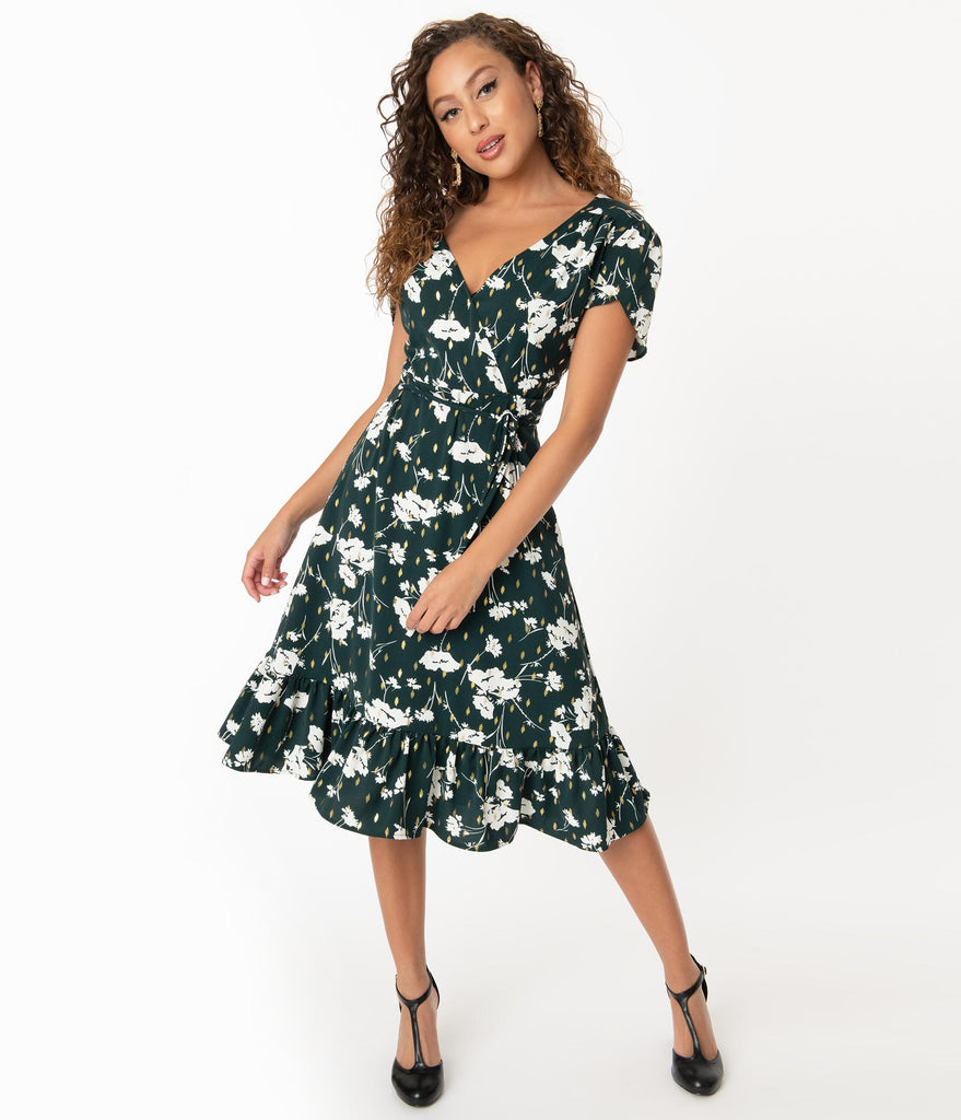 green and white floral midi dress