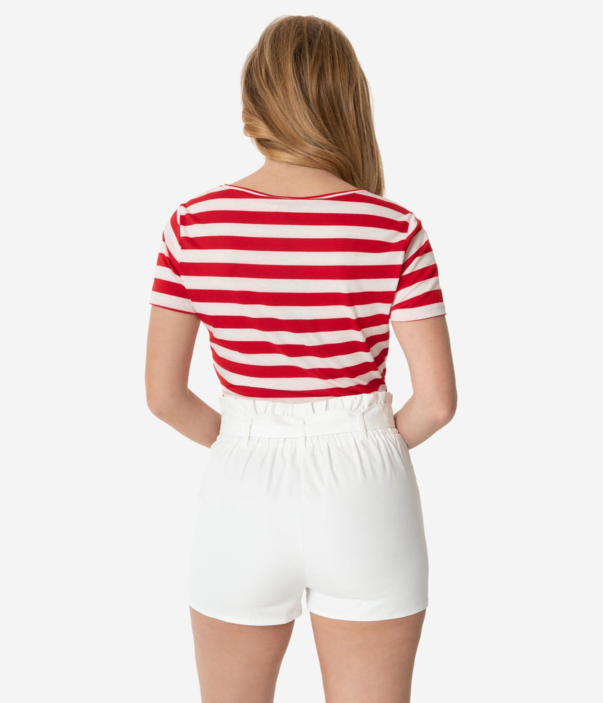 red top white shorts