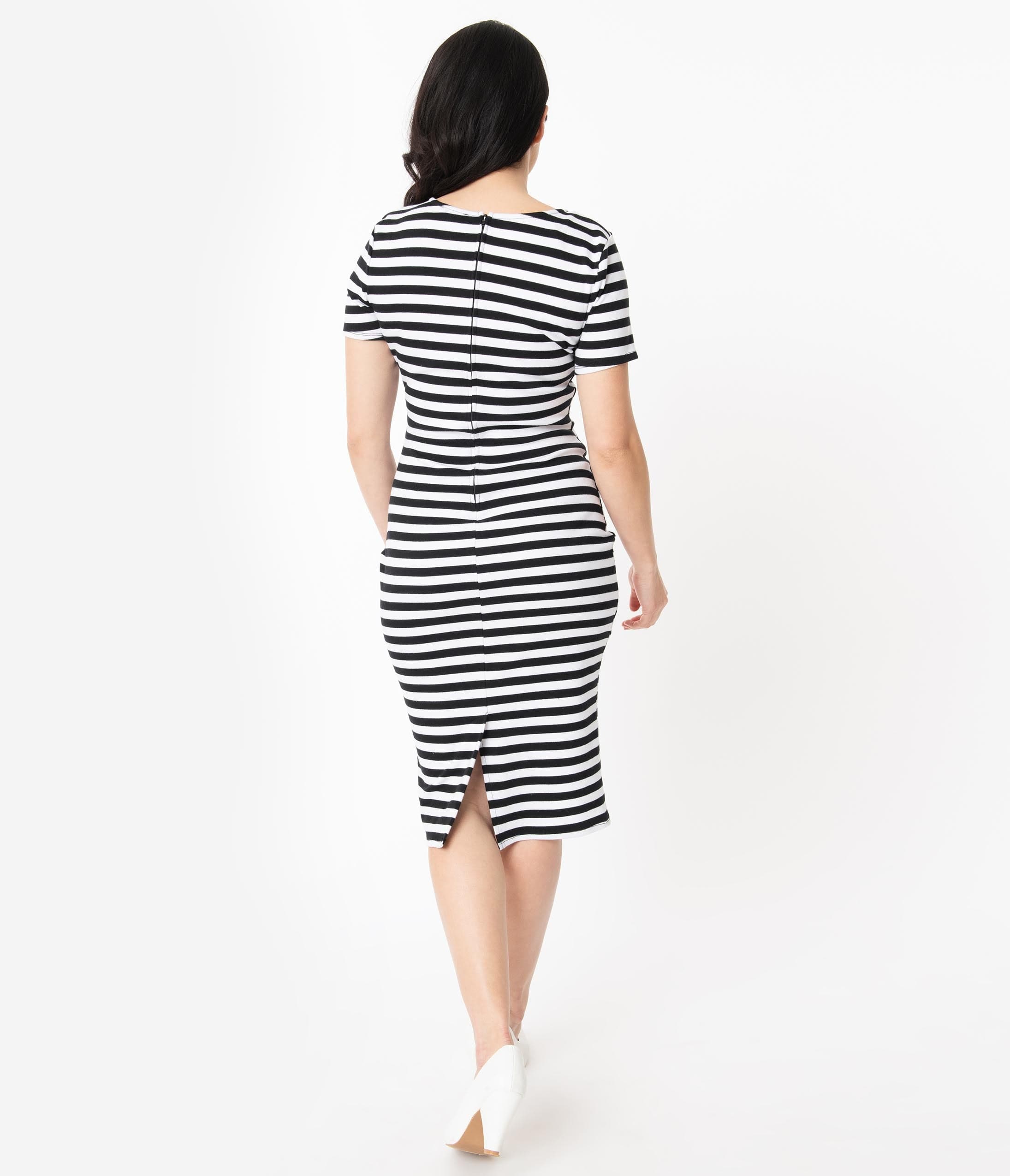 black and white striped fitted dress