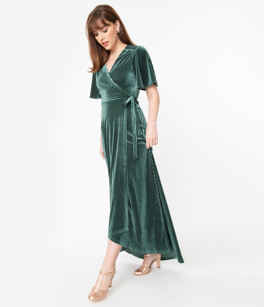 green wrap velvet dress