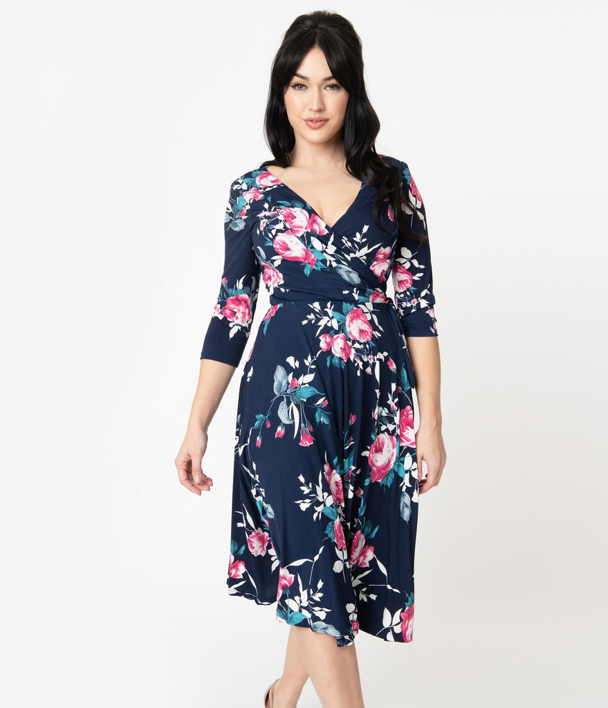 navy and pink floral wrap dress