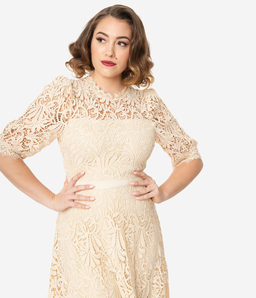 beige lace midi dress