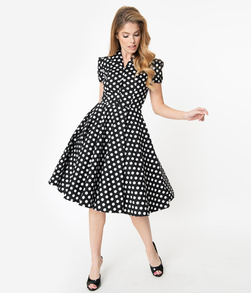 black polka dot swing dress