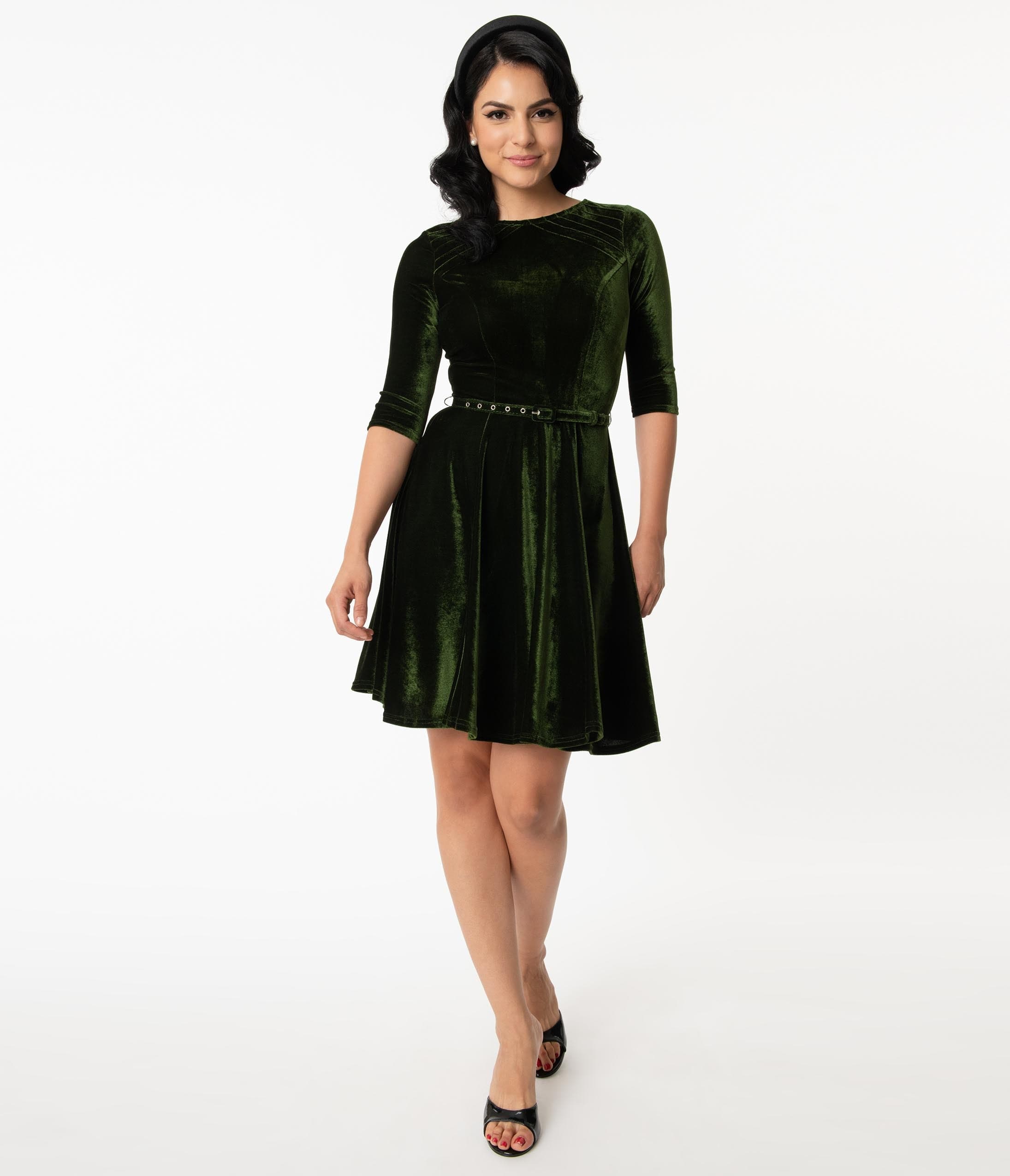 Unique Vintage Olive Green Velvet Stephanie Fit & Flare Dress