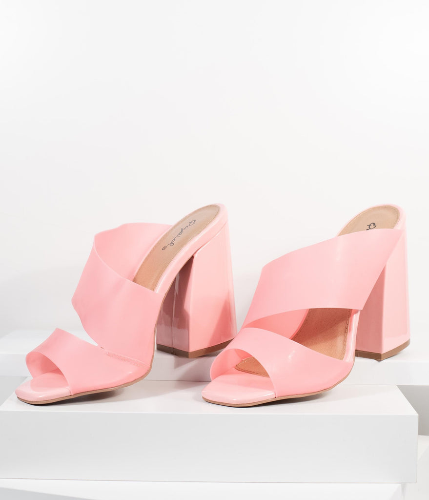 Frosted Pink Vinyl Peep Toe Mule Heels 