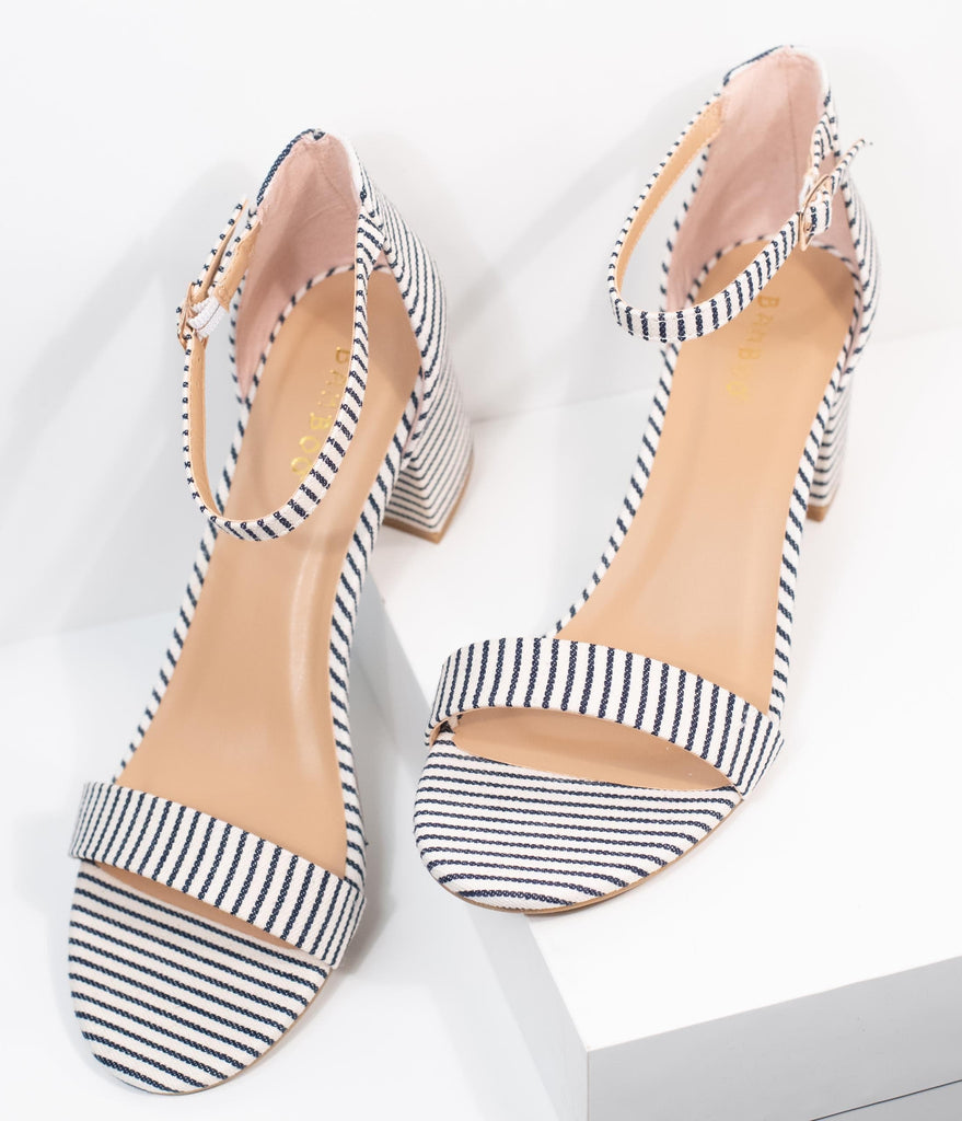 navy blue and white striped heels