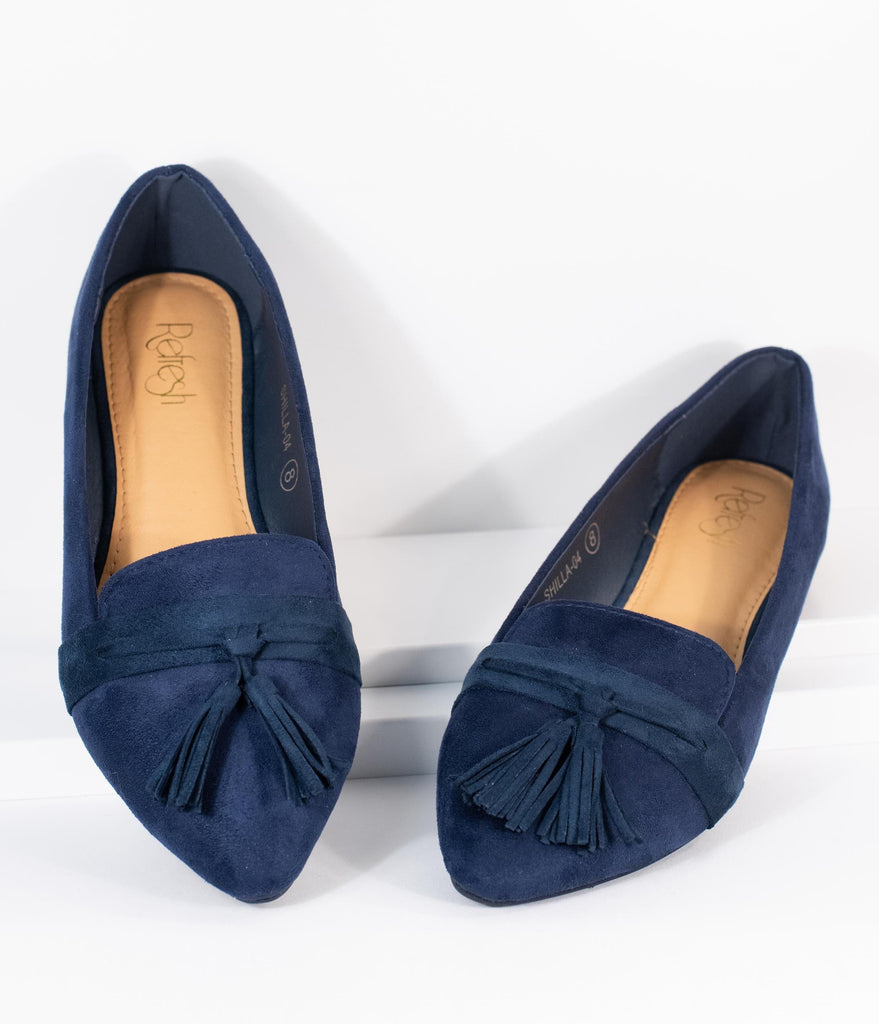 navy suede tassel loafers