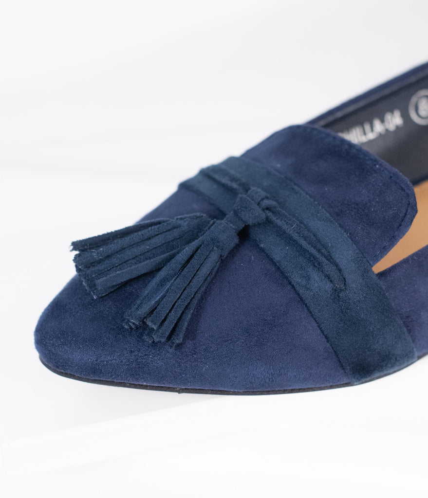 blue suede tassel loafers