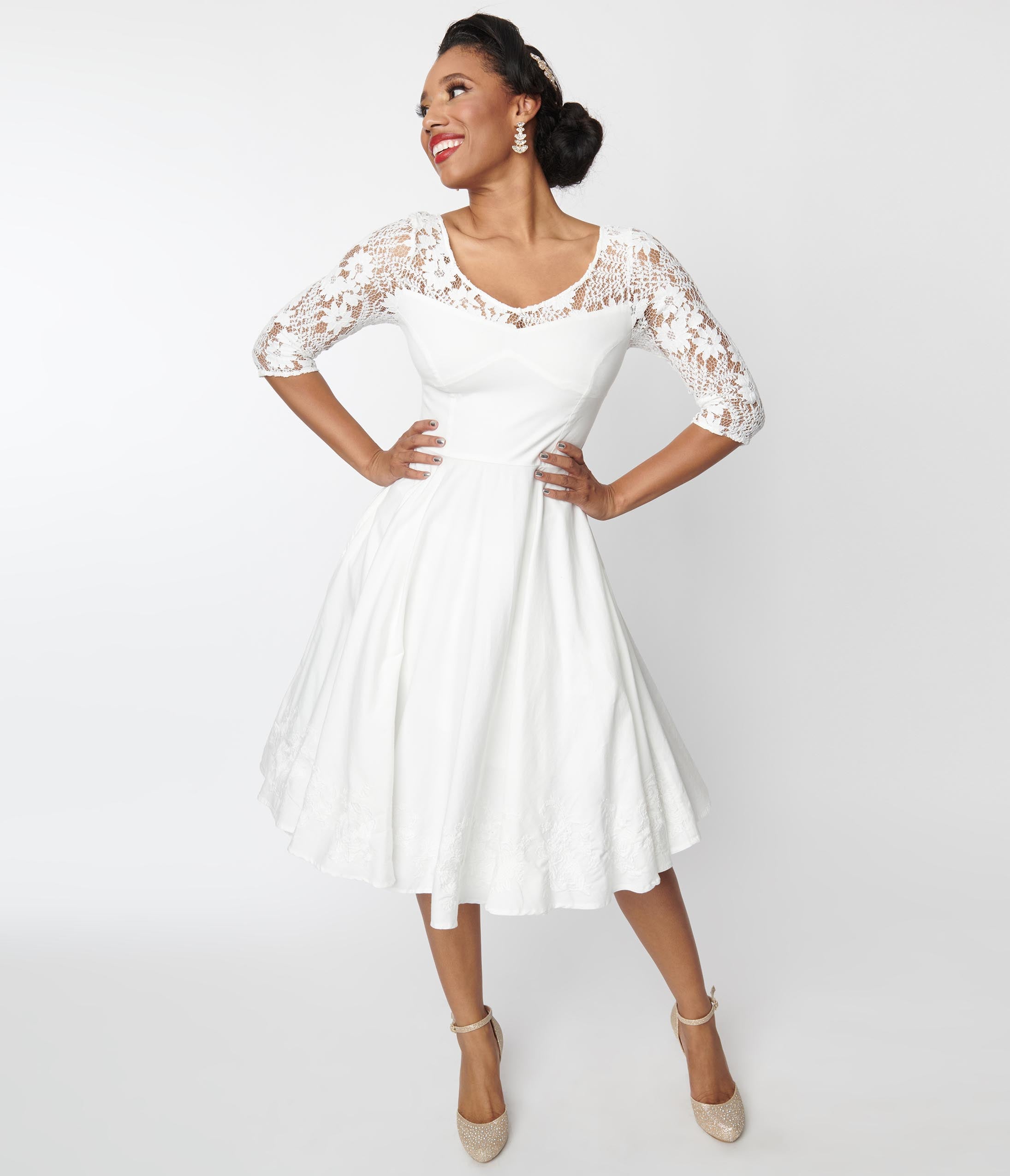 

1950S Ivory Lace Sky Bridal Swing Dress