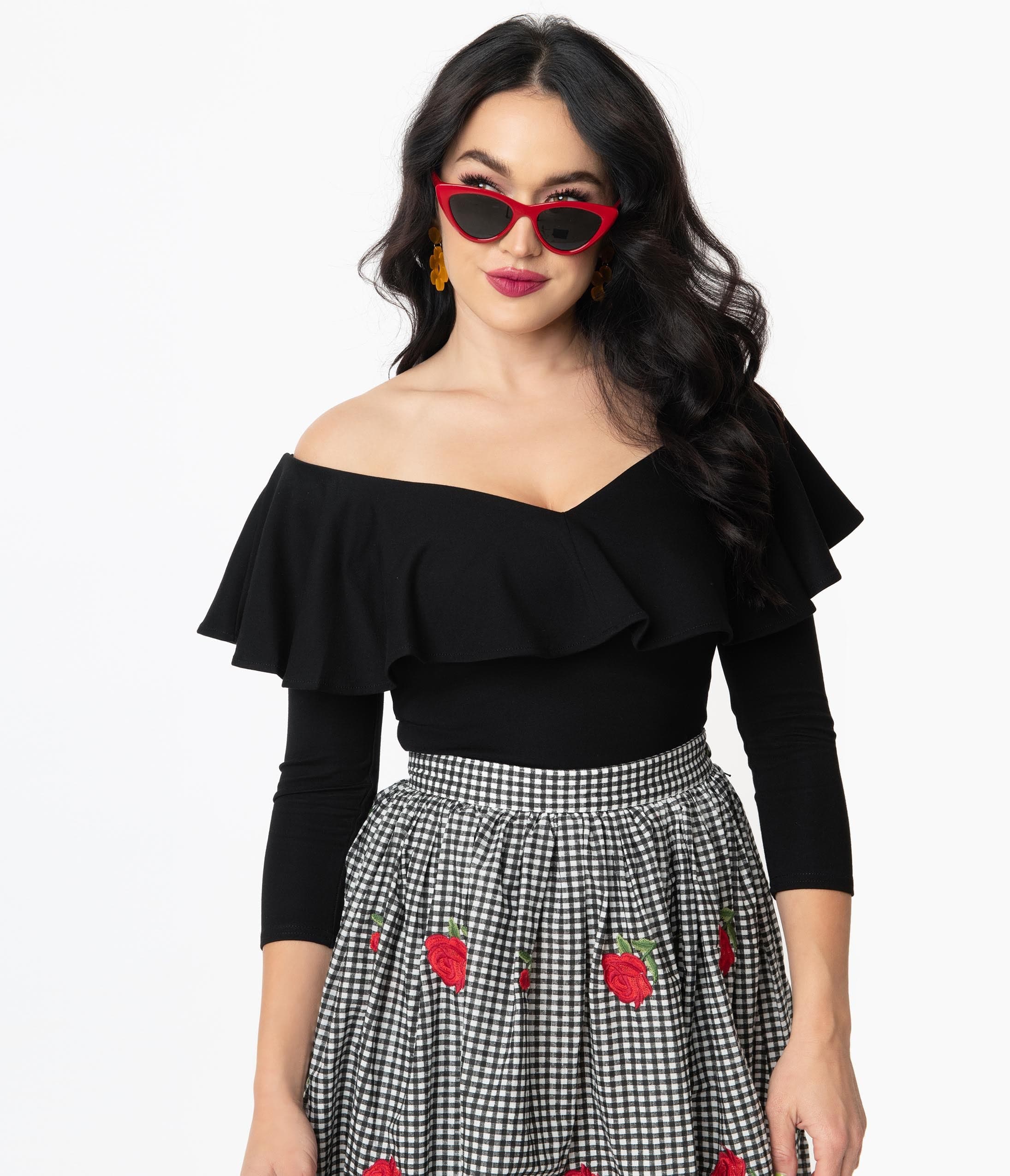 

Unique Vintage Black Off Shoulder Ruffle Bisou Top