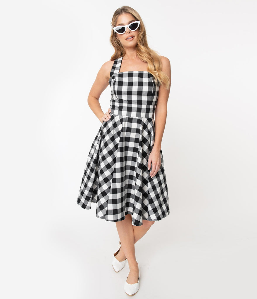 black and white checked pinafore dress