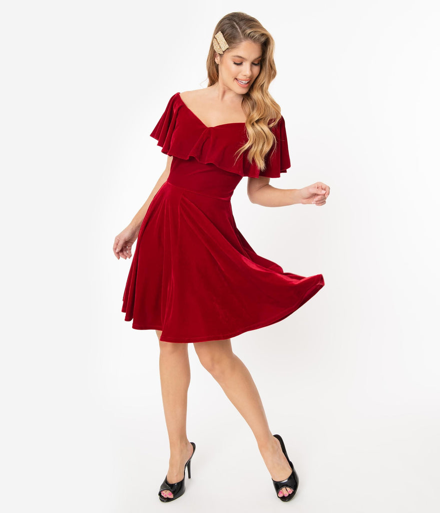red velvet fit and flare dress