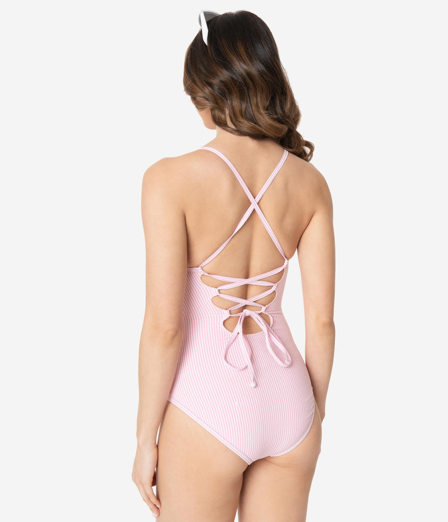 pink and white striped swimsuit