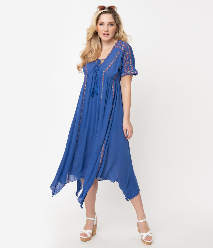 blue embroidered midi dress