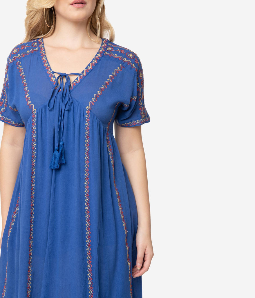 blue embroidered midi dress