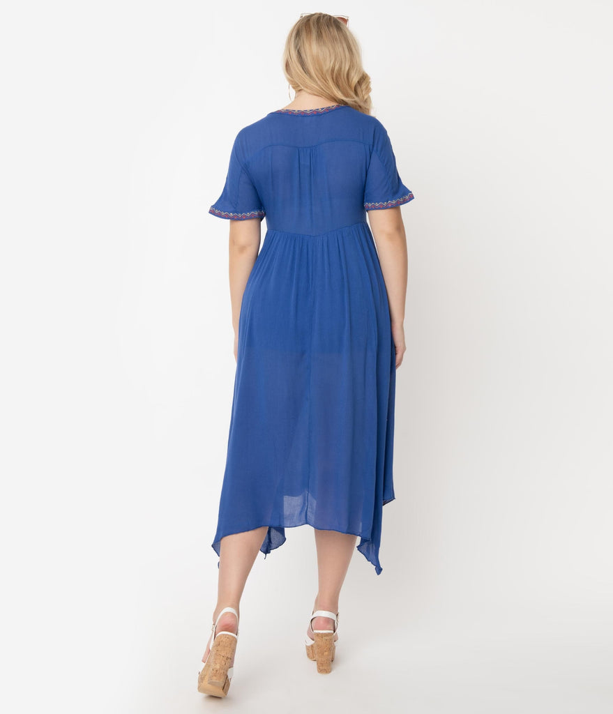 blue embroidered midi dress