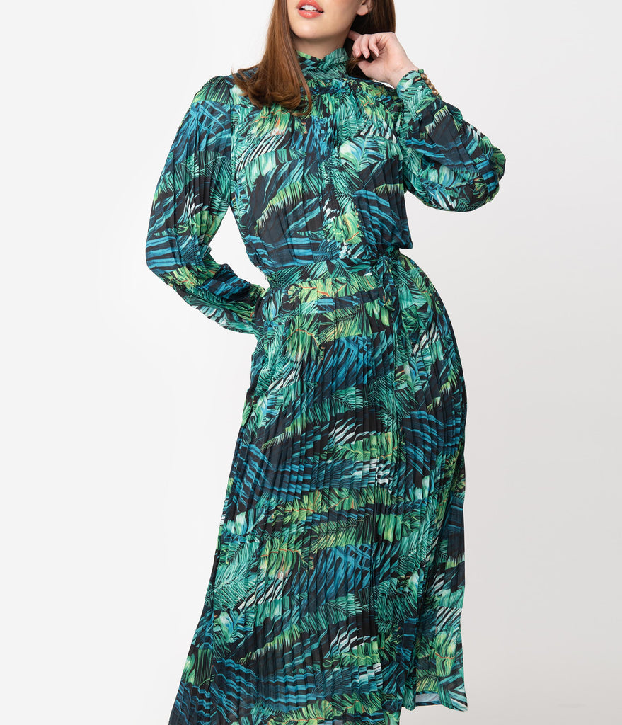 Green Tropical Palm Print Maxi Dress 