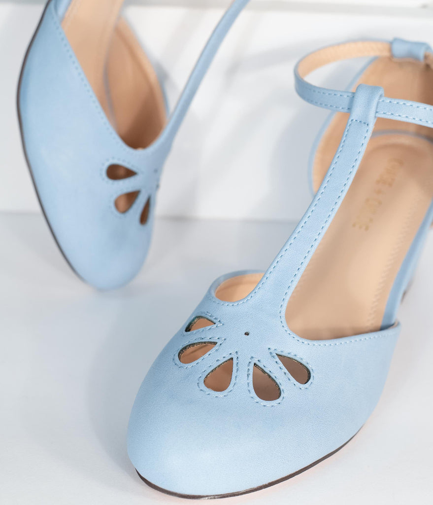 blue t strap heels