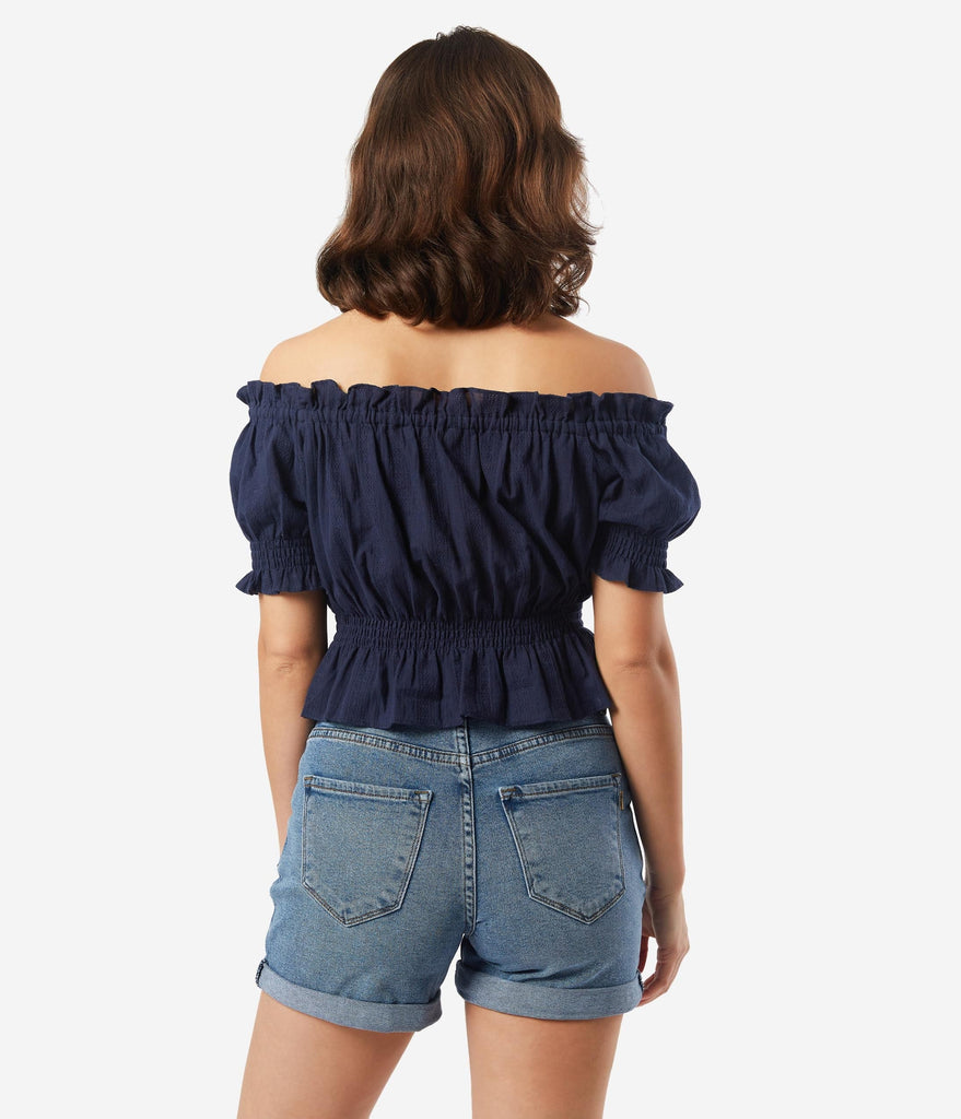 navy blue off the shoulder