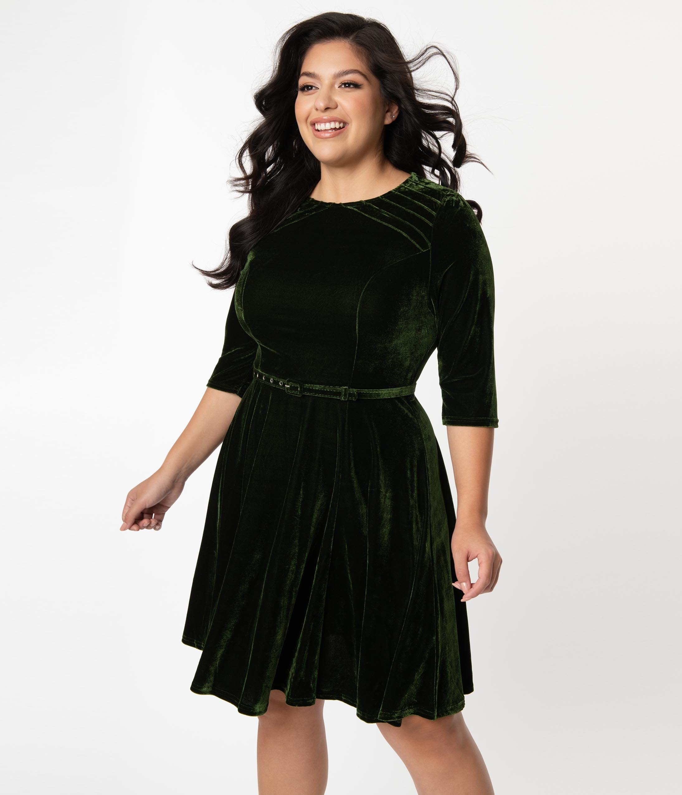 Unique Vintage Plus Size Olive Green Velvet Stephanie Fit & Flare Dress