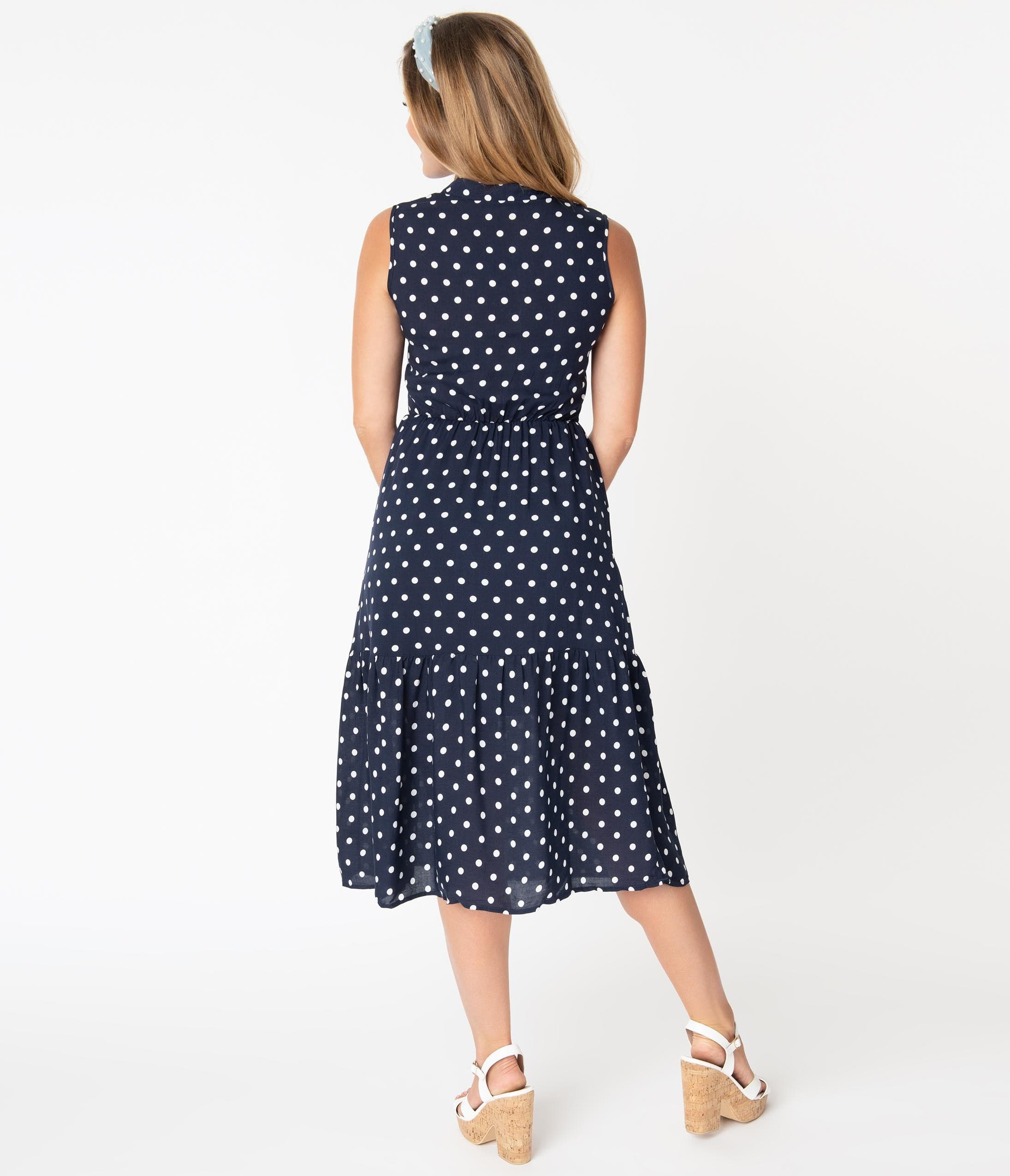 navy polka dot midi dress