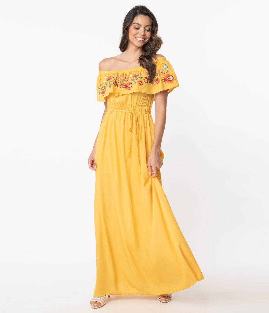 mustard off the shoulder maxi dress