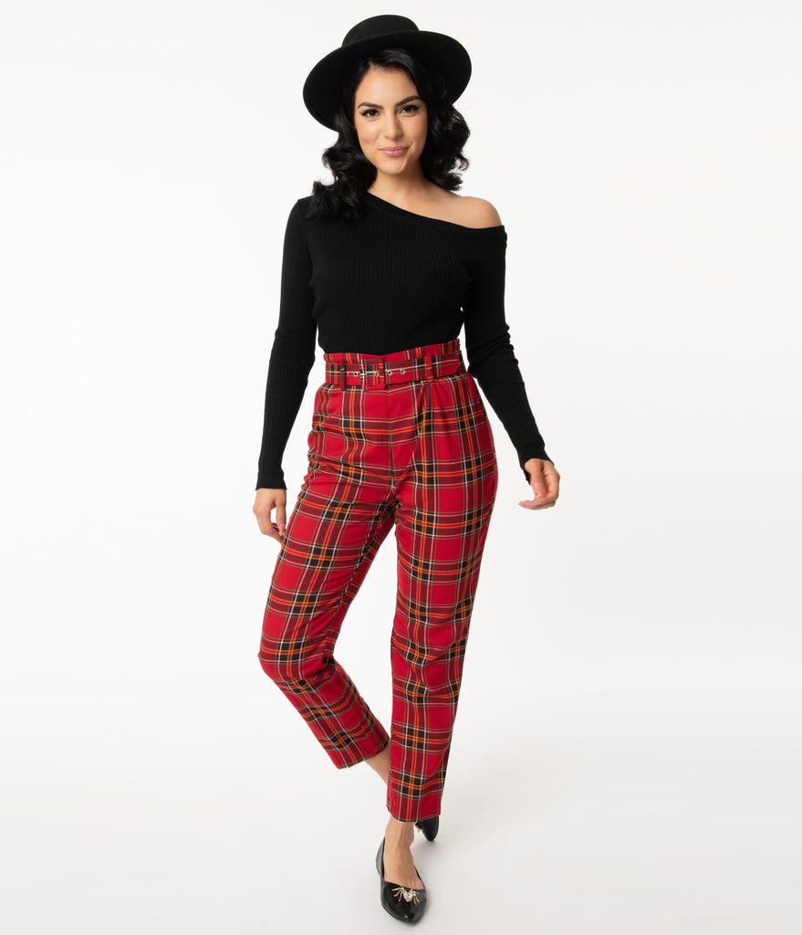 high waisted plaid pants red